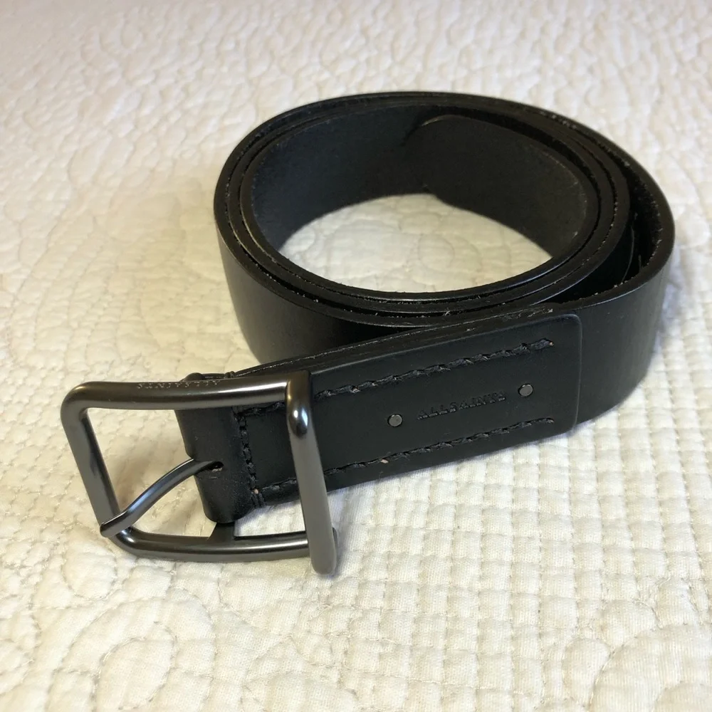 ALL SAINTS NWT Men’s Black 35 mm Flat Strap Square Buckle Leather Belt Size 42